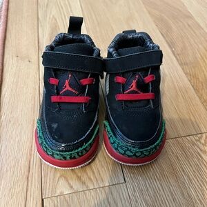 Jordan Spizike Low- Kids Black and Red Sneakers with Green Accents